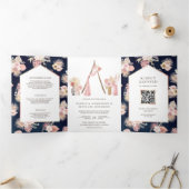 ダスティピンクフローラボーホアーバーネイビーQRコード結婚ズ 三つ折り招待状 (内部)