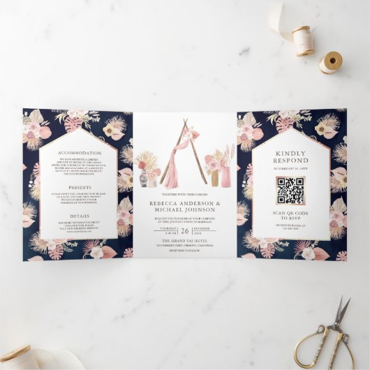 ダスティピンクフローラボーホアーバーネイビーQRコード結婚ズ 三つ折り招待状 (内部)