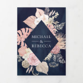 ダスティピンクフローラボーホアーバーネイビーQRコード結婚ズ 三つ折り招待状 (カバー)