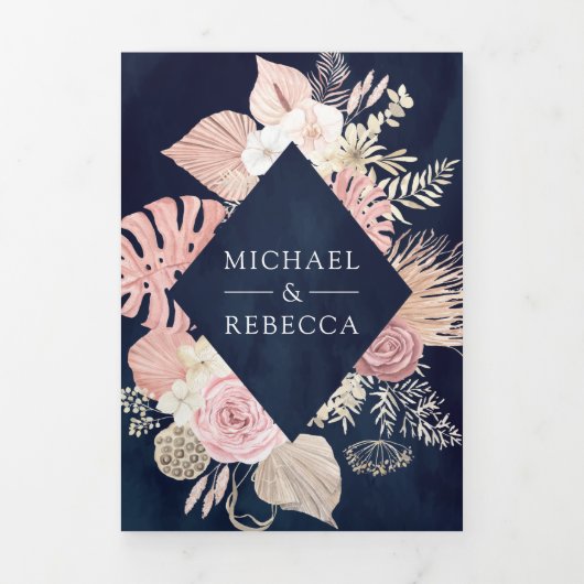 ダスティピンクフローラボーホアーバーネイビーQRコード結婚ズ 三つ折り招待状 (カバー)