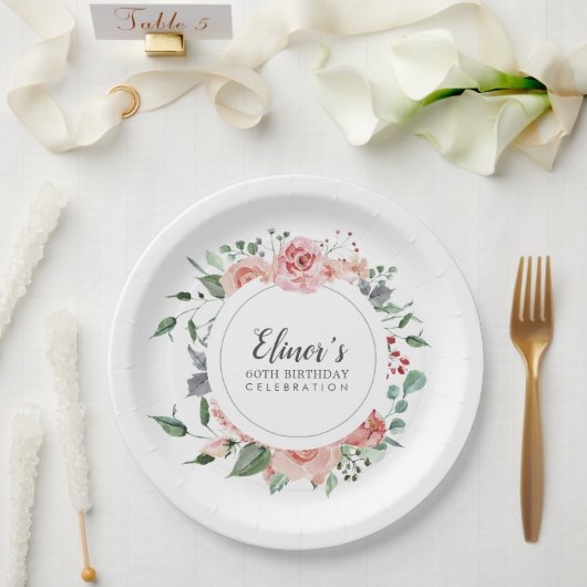 ダスティピンクフローラ60th誕生日ありがとう ペーパープレート (ウェディング)
