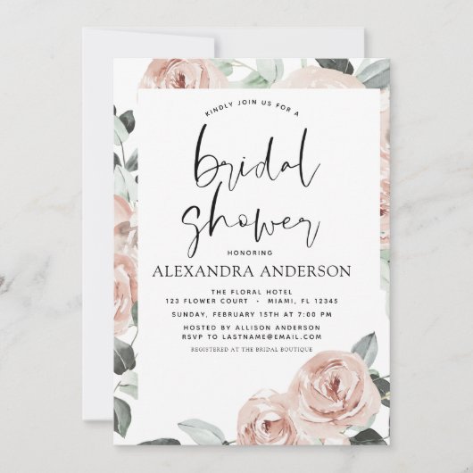 ダスティピンクブライダルシャワーフローラ 招待状 (正面)