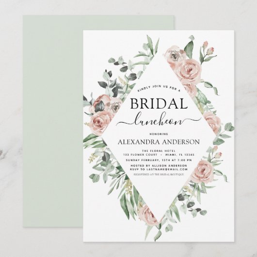 ダスティピンクブライダルシャワーランチョングリーンリーインヴィータ 招待状 (正面/裏面)
