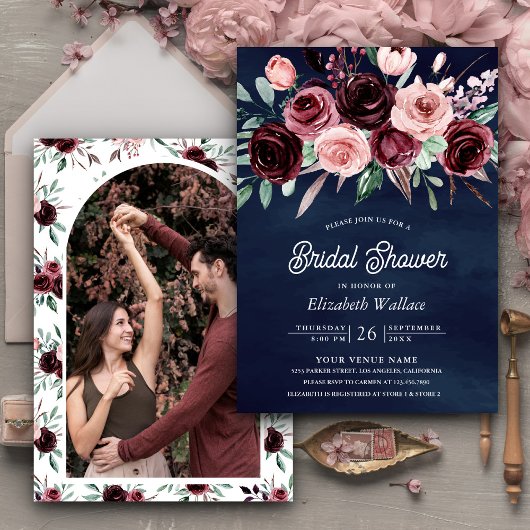 ダスティピンクブルゴーニュフローラネイビーブルーブライダルシャワー 招待状