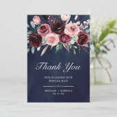 ダスティピンクブルゴーニュフローラ写真ネイビー結婚ズ サンキューカード (スタンド正面)