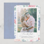 ダスティピンクブルーの花のSave The Dateフォトカード 招待状 (正面/裏面)