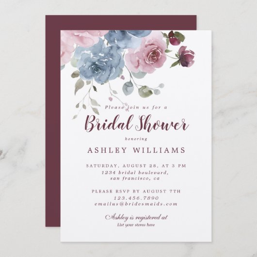 ダスティピンクブルーバラブルゴーニュブライダルシャワー 招待状 (正面/裏面)
