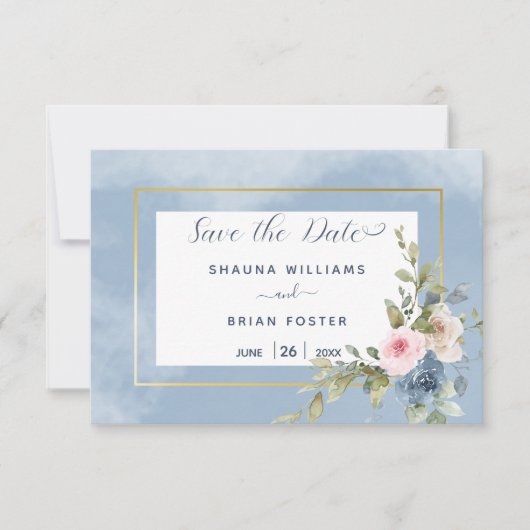 ダスティピンクブルー&ホワイトローズ結婚ズ セーブザデート (正面)