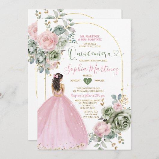 ダスティピンクプリンセスドレスセージフローラキニャネラ 招待状 (正面/裏面)