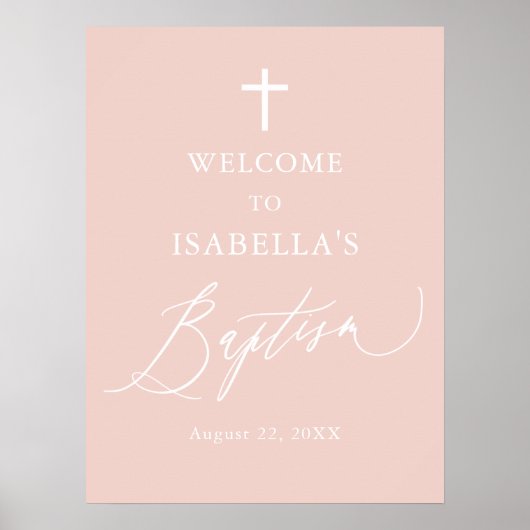 ダスティピンクホワイトクロスガールバプティスムウェルカムサイン ポスター (正面)