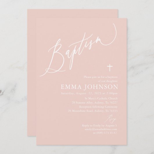 ダスティピンクホワイトクロスガールバプテスマ招待状 招待状 (正面/裏面)