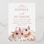 ダスティピンクボホフローラパンパ結婚スバラ金ゴールド 箔招待状 (正面)