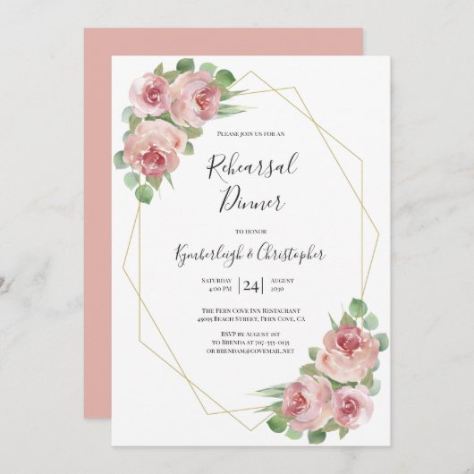 ダスティピンクボホフローラ幾何リハーサルディナー 招待状 (正面/裏面)
