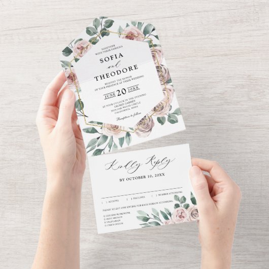 ダスティピンクマウヴバラフローラジオメト結婚リ オールインワン招待状 (貼ってはがせる)