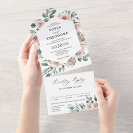 ダスティピンクマウヴバラフローラジオメト結婚リ オールインワン招待状