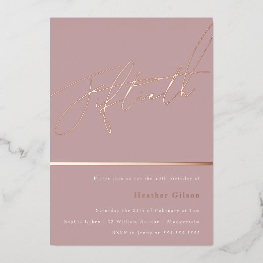 ダスティピンクマウヴバラ金ゴールド第50位誕生日 箔招待状 (正面)
