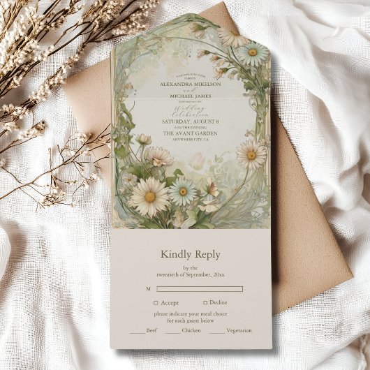 ダスティピンクマルゲライトデイジー結婚ズアールヌーボー オールインワン招待状