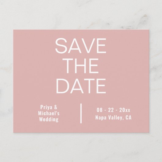 ダスティピンクミニマルタイポグラフィ日付を保存 案内ポストカード (正面)