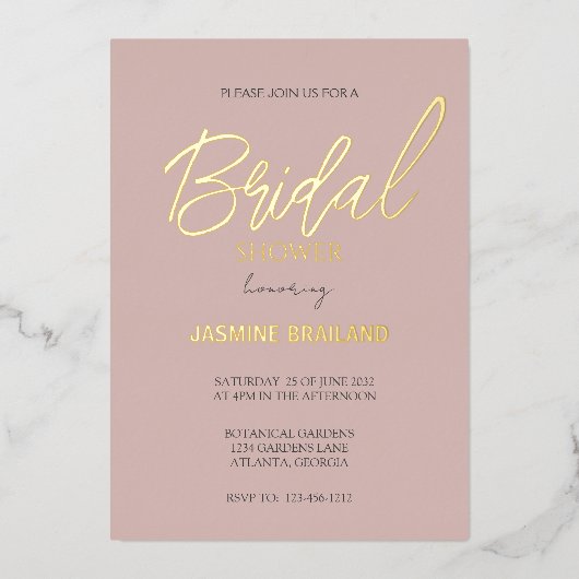 ダスティピンクモダンクシンプルブライダルシャワー金ゴールド 箔招待状 (正面)