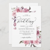 ダスティピンクローズの水彩フラワーのウェディング 招待状 (正面/裏面)