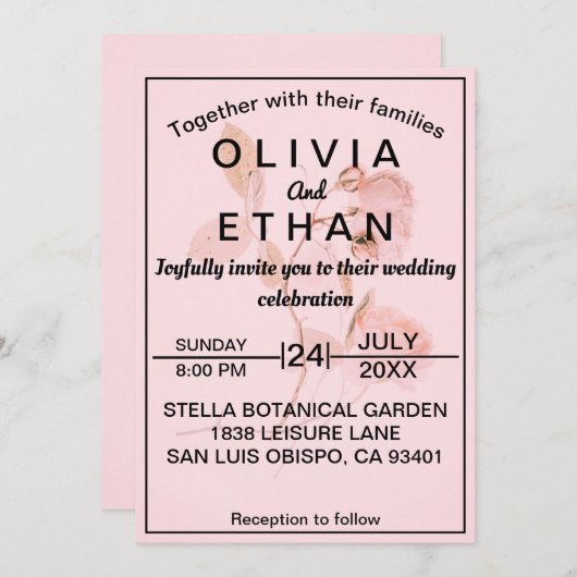ダスティピンクローズシック夏のフローラ結婚ズ 招待状 (正面/裏面)