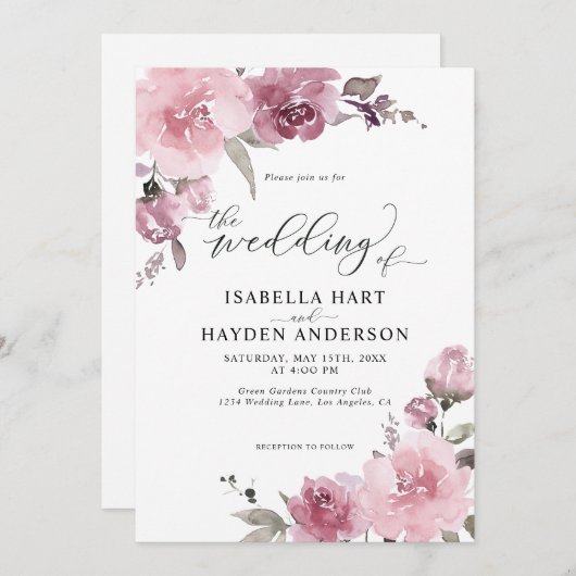ダスティピンクローズパステルフローラモーヴフラワー結婚ズ 招待状 (正面/裏面)