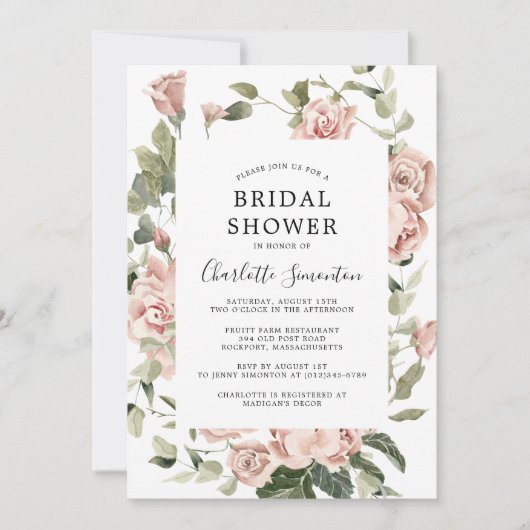 ダスティピンクローズフローラブライダルシャワー 招待状 (正面)