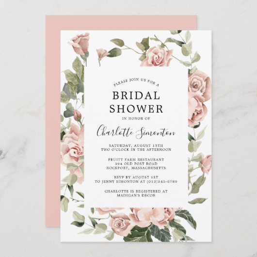 ダスティピンクローズフローラブライダルシャワー 招待状 (正面/裏面)
