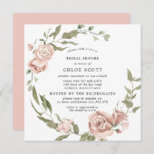 ダスティピンクローズフローラ金ゴールドブライダルシャワー 招待状 (正面/裏面)
