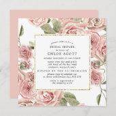 ダスティピンクローズフローラ金ゴールドブライダルシャワー 招待状 (正面/裏面)