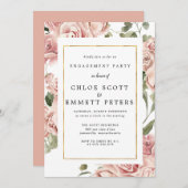 ダスティピンクローズフローラ金ゴールド婚約パーティ 招待状 (正面/裏面)