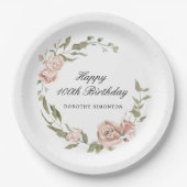 ダスティピンクローズフローラ100誕生日 ペーパープレート (正面)