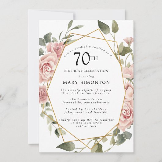 ダスティピンクローズフローラ70thバースデーパーティー 招待状 (正面)