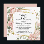 ダスティピンクローズフローラ70th誕生日招待状 招待状<br><div class="desc">この70歳の誕生日パーティエレガントの招待で特別な人を尊重する。濃い緑の葉に詰め込まれた埃っぽいピンクのバラは、四角い植物性の枠を作る。</div>