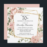 ダスティピンクローズフローラ70th誕生日招待状 招待状<br><div class="desc">この70歳の誕生日パーティエレガントの招待で特別な人を尊重する。濃い緑の葉に詰め込まれた埃っぽいピンクのバラは、四角い植物性の枠を作る。</div>