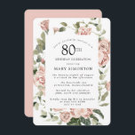 ダスティピンクローズフローラ80thバースデーパーティー 招待状<br><div class="desc">この80歳かわいらしの誕生日パーティーの招待にモダンは縁ど、ほこりっぽいピンクのバラがフローラを作成する。</div>