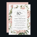 ダスティピンクローズフローラ80thバースデーパーティー 招待状<br><div class="desc">この80歳かわいらしの誕生日パーティーの招待にモダンは縁ど、ほこりっぽいピンクのバラがフローラを作成する。</div>