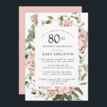 ダスティピンクローズフローラ80thバースデーパーティー 招待状<br><div class="desc">この80歳かわいらしの誕生日パーティーの招待にモダンは縁ど、ほこりっぽいピンクのバラがフローラを作成する。</div>