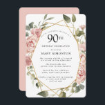 ダスティピンクローズフローラ90thバースデーパーティー 招待状<br><div class="desc">この90歳かわいらしの誕生日パーティーの招待にモダンは縁ど、ほこりっぽいピンクのバラがフローラを作成する。</div>