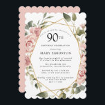 ダスティピンクローズフローラ90thバースデーパーティー 招待状<br><div class="desc">この90歳かわいらしの誕生日パーティーの招待にモダンは縁ど、ほこりっぽいピンクのバラがフローラを作成する。</div>