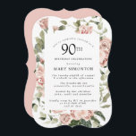 ダスティピンクローズフローラ90thバースデーパーティー 招待状<br><div class="desc">この90歳かわいらしの誕生日パーティーの招待にモダンは縁ど、ほこりっぽいピンクのバラがフローラを作成する。</div>