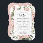 ダスティピンクローズフローラ90thバースデーパーティー 招待状<br><div class="desc">この90歳かわいらしの誕生日パーティーの招待にモダンは縁ど、ほこりっぽいピンクのバラがフローラを作成する。</div>
