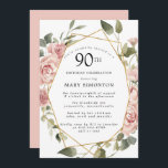 ダスティピンクローズフローラ90thバースデーパーティー 招待状<br><div class="desc">この90歳かわいらしの誕生日パーティーの招待にモダンは縁ど、ほこりっぽいピンクのバラがフローラを作成する。</div>