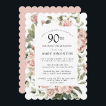 ダスティピンクローズフローラ90thバースデーパーティー 招待状<br><div class="desc">この90歳かわいらしの誕生日パーティーの招待にモダンは縁ど、ほこりっぽいピンクのバラがフローラを作成する。</div>