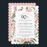 ダスティピンクローズフローラ90thバースデーパーティー 招待状<br><div class="desc">この90歳かわいらしの誕生日パーティーの招待にモダンは縁ど、ほこりっぽいピンクのバラがフローラを作成する。</div>