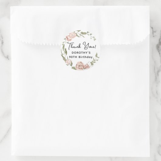 ダスティピンクローズフローラ90th誕生日ありがとう ラウンドシール (バッグ)