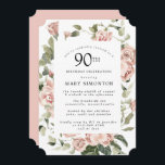 ダスティピンクローズフローラ90th誕生日パーティインビタット 招待状<br><div class="desc">この90歳かわいらしの誕生日パーティーの招待にモダンは縁ど、ほこりっぽいピンクのバラがフローラを作成する。</div>