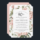 ダスティピンクローズフローラ90th誕生日パーティインビタット 招待状<br><div class="desc">この90歳かわいらしの誕生日パーティーの招待にモダンは縁ど、ほこりっぽいピンクのバラがフローラを作成する。</div>