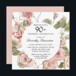ダスティピンクローズフローラ90th誕生日招待状 招待状<br><div class="desc">この90歳の誕生日パーティエレガントの招待で特別な人を尊重する。濃い緑の葉に詰め込まれた埃っぽいピンクのバラは、丸い植物性の枠を作る。</div>