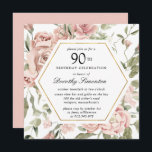 ダスティピンクローズフローラ90th誕生日招待状 招待状<br><div class="desc">この90歳の誕生日パーティエレガントの招待で特別な人を尊重する。濃い緑の葉に詰め込まれた埃っぽいピンクのバラは、幾何学的な植物性のフレームを作成する。</div>